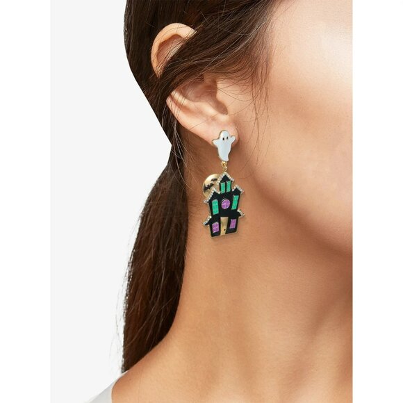 Halloween Haunted House Ghost Earrings Goldtone Glow In The Dark - Picture 5 of 7